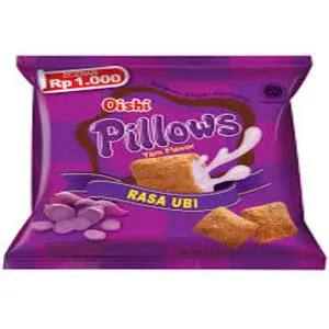 Cek Halal Oishi Pillows Makanan Ringan Ekstrudat Rasa Ubi (Yam Flavor)