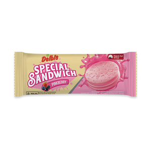 Cek Halal Delbis Biskuit Sandwich Berwarna Pink Dengan Krim Rasa Mixberry
