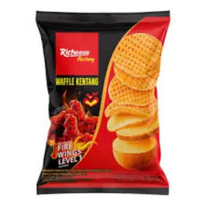 Cek Halal Richeese Factory Makanan Ringan Kentang Rasa Ayam Pedas (Level 1) Waffle Fries Firewings (Level 1) BPOM
