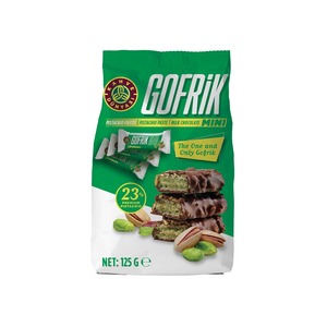 Cek Halal Gofrik Wafer Salut Susu Coklat Dengan Pasta Pistachio Dan Potongan Pistachio (Pistachio Wafer) BPOM
